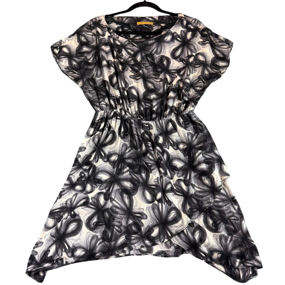 Alice Olivia Black White Floral Print Elastic Waist‎ Short Sleeve Dress M